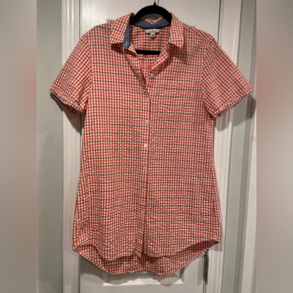 L.L. Bean Size M Red Orange Blue Short Sleeve Seersucker Button Down Mini Dress - Picture 1 of 10
